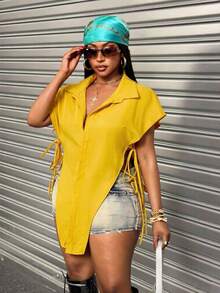 Maweii Plus Size Women Solid Color Single-Breasted Casual Versatile Daily Wear Shirt - Yellow - View 5