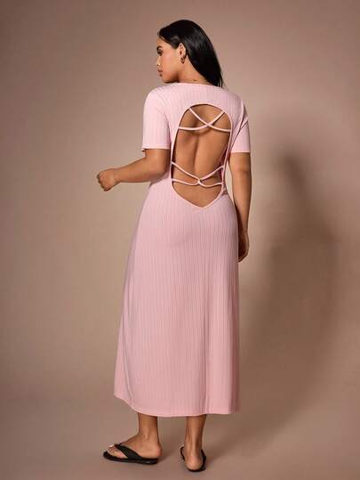 Lazeform 温柔性感露背连衣裙，夏季加大码修身短袖礼服