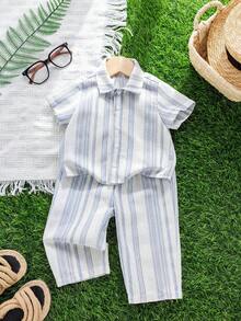 SHEIN 2pcs Young Boys' Casual Comfortable Versatile Vertical Striped Short Sleeve Shirt And Straight Leg Pants Set - Dusty Blue - View 6