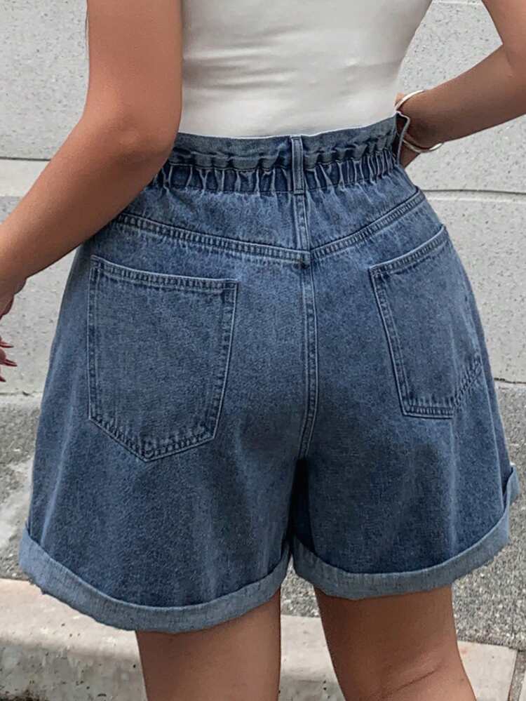Dazy Plus Elastic Waist Loose Wide Leg Cuffed Washed Blue Denim Shorts, Summer
