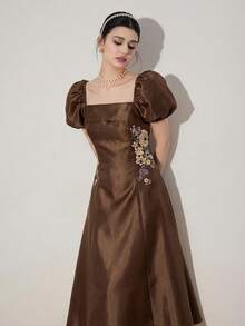 Modelyn Women's Floral Embroidery Square Neck Petal Sleeve Elegant Mid-Length Dress - Coffee Brown - View 7