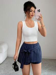 SHEIN Raffinéa Shorts mini de verano casuales y ligeros de mujer, con cordón y rayas azul marino - Azul Marino - Ver 8