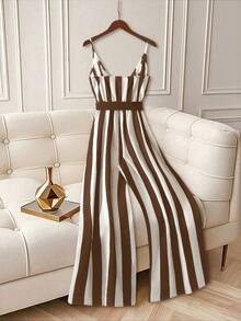 SHEIN Franclia Bộ jumpsuit nữ thanh lịch màu đen trắng kẻ sọc thắt nơ eo, thích hợp cho công sở, mùa xuân/hè. - màu nâu - Xem 2
