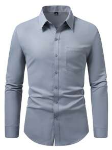 Manfinity Mode Camisa de vestir casual de manga larga con botones de unicolor para hombre talla grande, formal, ceremonia - Gris Claro - Ver 3