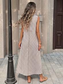 Pariaura Đầm kẻ caro dáng rộng, tôn dáng mới cho nữ, mùa xuân/hè. - Màu Khaki - Xem 2