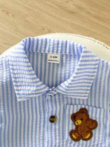 SHEIN Baby Boy Short Sleeve Lapel Cute Animal Print Snap-Up Romper, Infant Summer Lapel Jumpsuit, Suitable For Spring & Summer, Fits 3M-24M - Blue and White - View 4