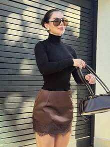 Yohana Edit 女式修身高领 T 恤长袖女式上衣，秋季女装 - 黑色 - 查看 3