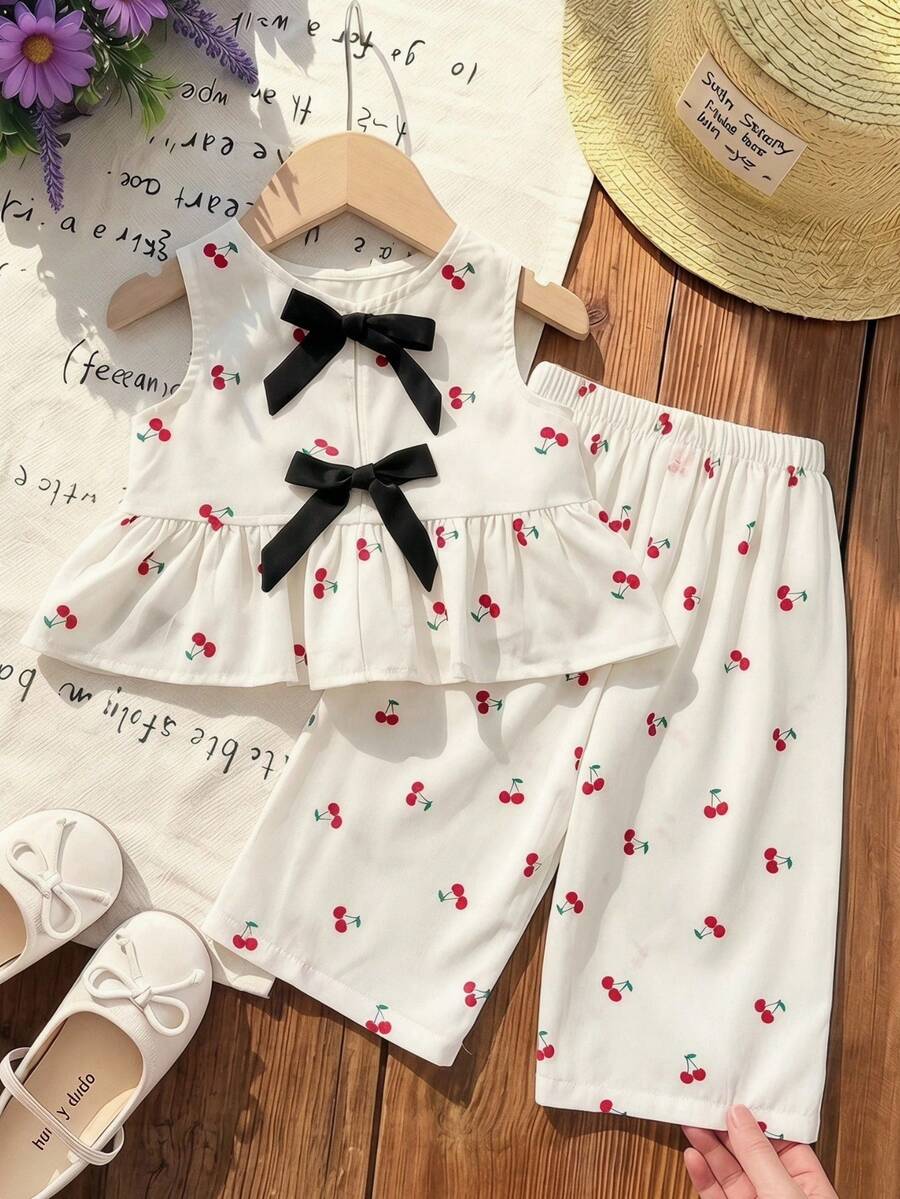 LMoss Kids 2件套女婴樱桃印花梭织背心和裤子套装 - 白色 - 查看 1