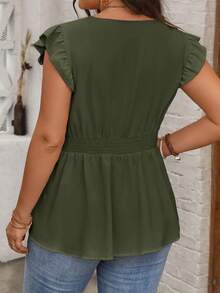 Vionelle Plus Ruffle Trim Button Front Blouse Peplum Top Office Army Green Summer Casual - Army Green - View 2
