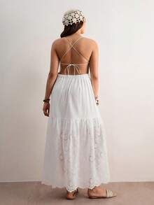 Freevana Plus Size Women's Sleeveless All White Summer Boho Holiday Long Dress,Embroidered Textured Fabric,Elegant Loose Spaghetti Strap Flowy Beach Dress - White - View 2