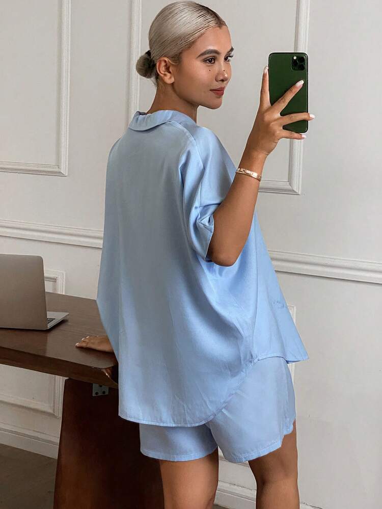 Women's Casual Solid Color Single-Breasted Short Sleeve Top And Shorts Pajama Set