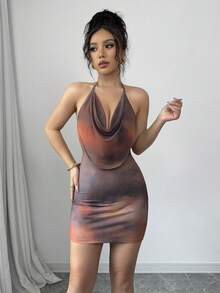 Selianne 女士露背系带网纱深V领扎染碎花迷你连衣裙 - 棕色 - 查看 7