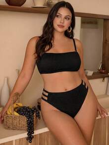 Swim Chiccia Bộ đồ bơi 2 mảnh cỡ lớn dành cho nữ, bikini mùa hè gợi cảm màu trơn với chất liệu vải có họa tiết, áo quây kiểu tối giản với dây đeo có thể tháo rời, kết hợp với quần bơi tam giác buộc dây hai bên, thích hợp cho kỳ nghỉ biển và các dịp lễ. - màu đen - Xem 5
