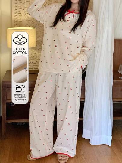 Dazy Plus 大码女式碎花荷叶边领撞色滚边宽松睡衣套装，春夏款