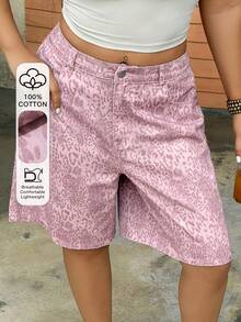 Dazy Plus Plus Size Women Leopard Print Pink Bermuda Shorts, Street Style Denim Shorts, Spring/Summer - Pink - View 1