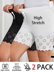 SHEIN Clasi Bộ 2 quần legging nữ cỡ lớn, kiểu dáng thanh lịch và đa năng, màu đen trắng, quần short bảo hộ thoải mái để mặc hàng ngày. - Đen và trắng - Xem 4