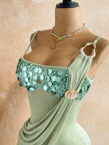 Soleia Novo Casual de Primavera/Verão Roupa de Convidado para Casamento na Praia Ocidental, Formatura, Almoço de Páscoa, Dia de São Patrício, Férias de Primavera, Festival de Música, Elegante Boho Tropical Sem Costas, Decoração de Lantejoulas e Metal, Babado na Barra, Macaquinho, Adequado para Festa, Dia dos Namorados, Encontro - Verde - Visão 9