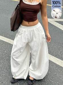 Coolane Pantalones holgados de cintura baja, cómodos y de algodón, con estilo vintage y apropiados para uso diario, vacaciones y salidas casuales, en con el estilo Y2K para mujer en primavera/verano - Blanco - Ver 2
