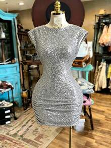 NostaNoir Women's Fashionable Sexy Sequin Pleated Bodycon Dress, Summer - Silver - View 2