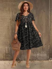 EMERY ROSE Plus Size V-Neck Short Sleeve Casual Dress,Country Vacation Outfits Woman,Simple And Fashionable For Everyday Wear,Summer Tops Women,Summer - Black - View 3