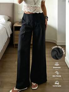 Cévolie Women's Casual Solid Color Straight Leg Pants - Black - View 3