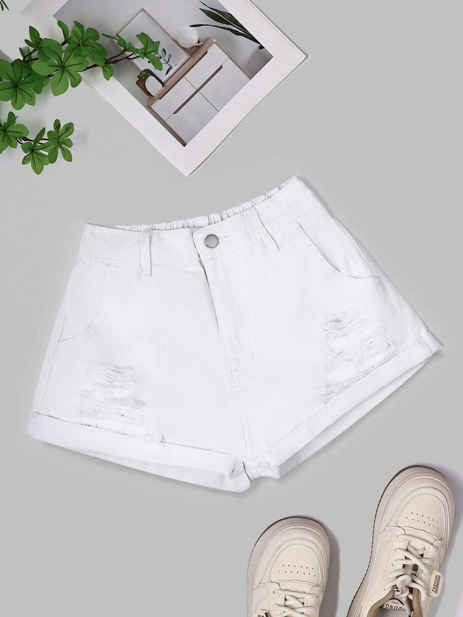 SHEIN Holidaya Shorts vaqueros de talla grande con dobladillo desgastado y unicolor para el verano - Blanco - Ver 1