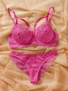 SHEIN Set de 2 piezas de sujetador con aros de encaje para mujeres - Rosa Fucsia - Ver 4