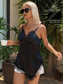 Livesso Women's Lace Patchwork Casual Loungewear Top - Black - View 6