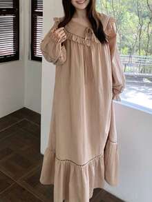 Dazy Plus Plus Size Women Ruffled Lantern Sleeve Long Nightgown, Sweet Home Dress For Spring & Summer Pajamas - Khaki - View 9