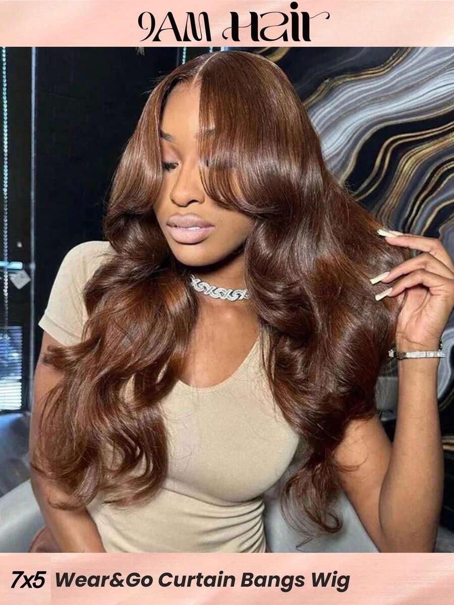 Tóc giả 6x5 Wear&Go Glueless Curtain Bangs Brown Body Wave Remy Human Hair Wigs Pre-Plucked Bleached Knots Pre-Cut Transparent Lace Closure Wigs 180% Density - S4 - Xem 1