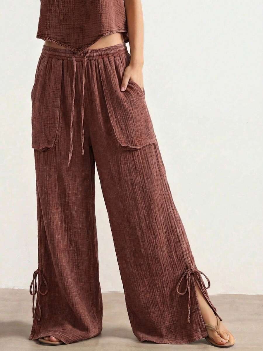 Bohemela Women's Casual Boho Solid Color Woven Loose Wide-Leg Washed Pants Vacation Chocolate Brown Autumn - Coffee Brown - View 1