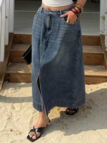 Dazy Plus Washed Distressed A-Line Maxi Denim Skirt With Front Slit, Street Style, Plus Size, Spring/Summer - Medium Wash - View 6
