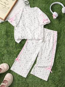 Toddler Girls' Ditsy Floral Bow Tie Knit Top And Pants 2-Piece Casual Outfit, Spring/Summer - White - View 6