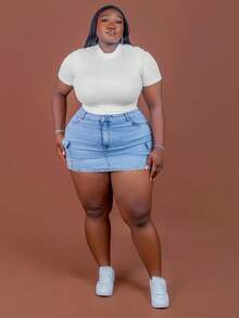 CurvyTilda Plus Size Women's Cargo Pocket Casual Denim Mini Skirt Cargo Skirt Skirts With Pockets Jean Skirt Denim Skirt, Fall Clothes For Women, For Hourglass Body Shape, For Body Shape, For Summer - Blue - View 6