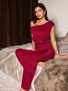 Slumberist Women's Contrast Lace Off-Shoulder Cropped Top And Straight Leg Pants Pajama Set - Burgundy - View 1
