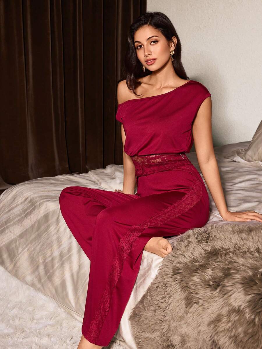 Slumberist Women's Contrast Lace Off-Shoulder Cropped Top And Straight Leg Pants Pajama Set - Burgundy - View 1