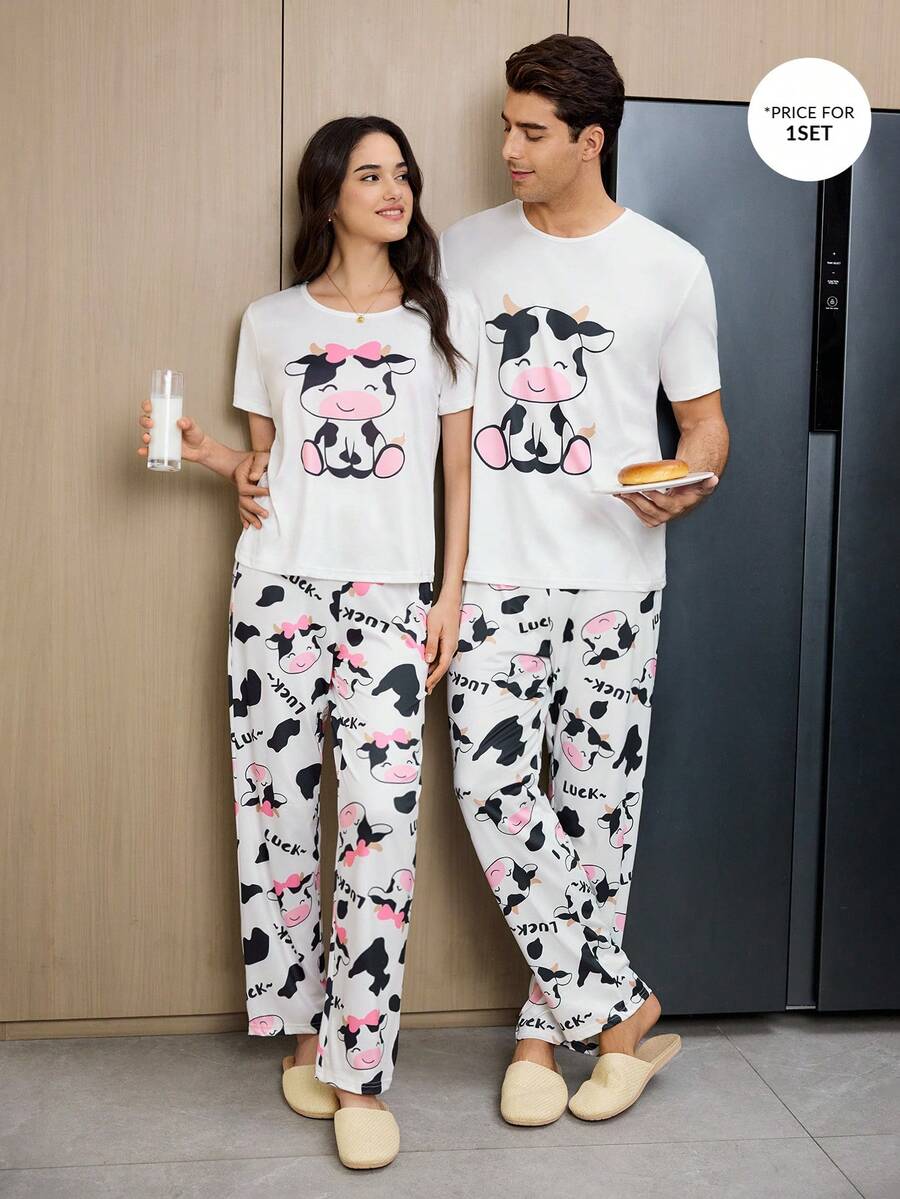 CoupledUp Cute Cow Cartoon Print Couple Pajama Set - White - View 1