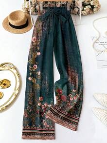 SHEIN LUNE Floral Green Pattern Vintage Waist Tie Trousers, Suitable For Women's Summer Vacation, Party, Fall, Wedding, Graduation Travel, Gift For Mom, Boho Style - Dark Green - View 3