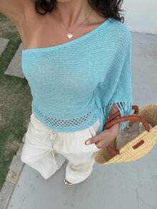 Sunnyshic Women's Blue Fashionable Versatile Asymmetric Neck Casual Hollow-Out Knitted Shawl Top, Suitable For Summer Vacation.  Resort, Beach. - Blue - View 8