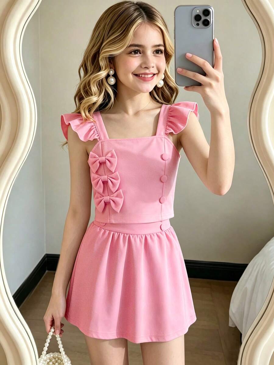 Bộ áo và quần short màu vàng bơ kiểu công chúa ngọt ngào cho bé gái, thích hợp cho mùa xuân/hè, áo tay loe nhiều lớp với khuy cài và nơ, gồm 2 món, phù hợp mặc hàng ngày và các bữa tiệc nhỏ. - Hồng - Xem 1