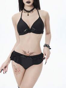 ROMWE Goth Women's Solid Color Minimalist Daily Swimsuit Set - Black - View 3