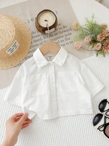 SHEIN Baby Girl Solid Color Short Sleeve Single-Breasted Pocket Shirt - White - View 4
