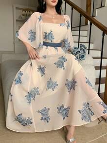 DAZY Vestido longo feminino casual e elegante de primavera/verão com detalhes em renda, estampa floral delicada e cintura marcada. Estilo boho, perfeito para o verão e para as férias. - Azul - Ver 1
