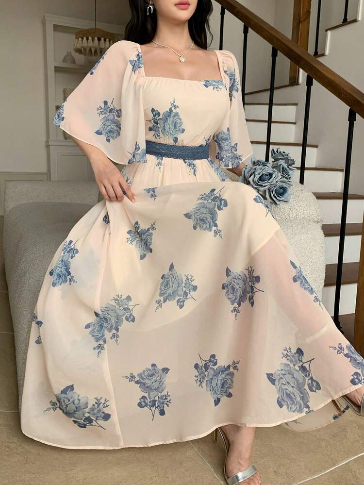 Spring & Summer Casual Elegant Lace Patchwork Ditsy Floral Waist Cinched Long Dress For Women Boho