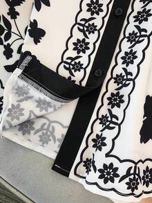 SHEIN CURVE+ 大码优雅撞色花卉衬衫，修身设计，适合日常通勤、外出、聚会和度假。 - 黑與白 - 查看 5