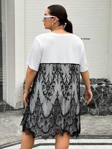 SHEIN CURVE+ 大码女式蕾丝拼接连衣裙，假两件式连衣裙，女士休闲连衣裙，2026款连衣裙 - 黑與白 - 查看 2