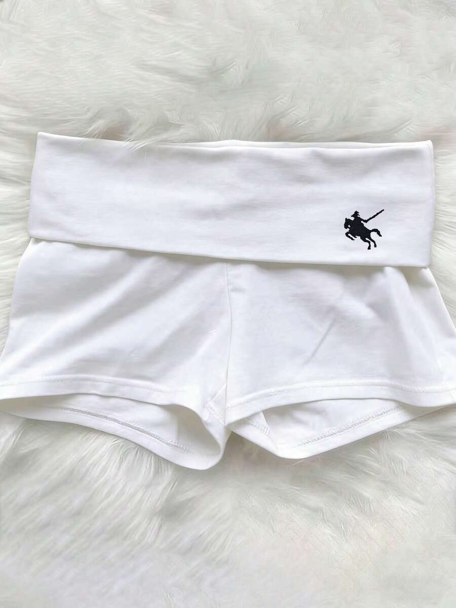 Pantalones cortos versátiles y casuales para mujer con bordado de caballero - Blanco - Ver 1