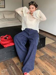 Dazy Plus Quần jeans ống loe dáng rộng kiểu Hàn Quốc, chất liệu vải có họa tiết, cỡ lớn dành cho nữ, phù hợp mọi mùa. - Rửa tối - Xem 5
