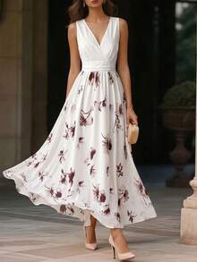 V-Neck Sleeveless Belted Midi Dress, Suitable For Work And Vacation - Multicolor - View 3