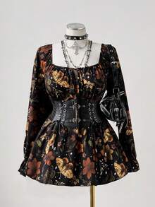 SHEIN CURVE+ Áo kiểu nữ cỡ lớn thanh lịch phong cách bohemian cổ điển in họa tiết, dáng rộng thoải mái, cổ tròn, tay dài, viền bèo nhún, thích hợp mặc hàng ngày, đi học, đi nghỉ mát, mùa xuân, hè, thu. - Nhiều màu - Xem 3